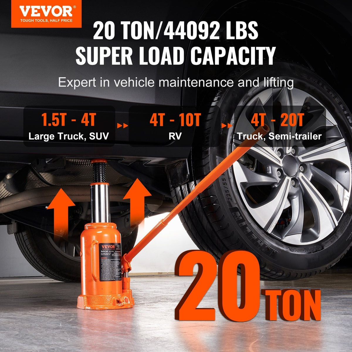 Hydraulic Bottle Jack, 20 Ton/44092 LBS All Welded Bottle Jack, 7.5-14 inch Lifting Range, with 3-section Long Handle, for Car, Pickup Truck, Truck, RV, Auto Repair, Industrial Engineering