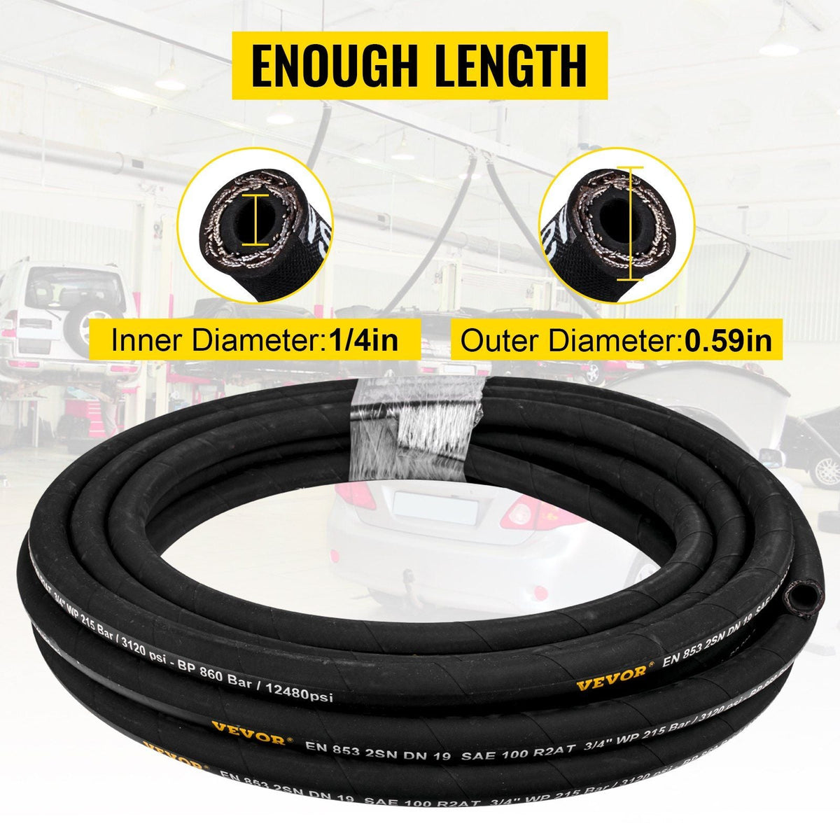 Hydraulic Hose 1/4 inch x 328 ft, Coiled Hydraulic Hose 5800 PSI, Rubber Hydraulic Hose with 2 High-Tensile Steel Wire Braid, Bulk Hydraulic Hose -20°C to 140°C, Hydraulic Oil Flexible Hose