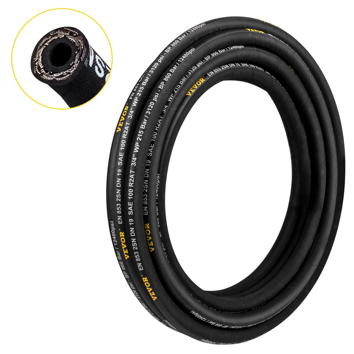 Hydraulic Hose 1/4 inch x 328 ft, Coiled Hydraulic Hose 5800 PSI, Rubber Hydraulic Hose with 2 High-Tensile Steel Wire Braid, Bulk Hydraulic Hose -20°C to 140°C, Hydraulic Oil Flexible Hose