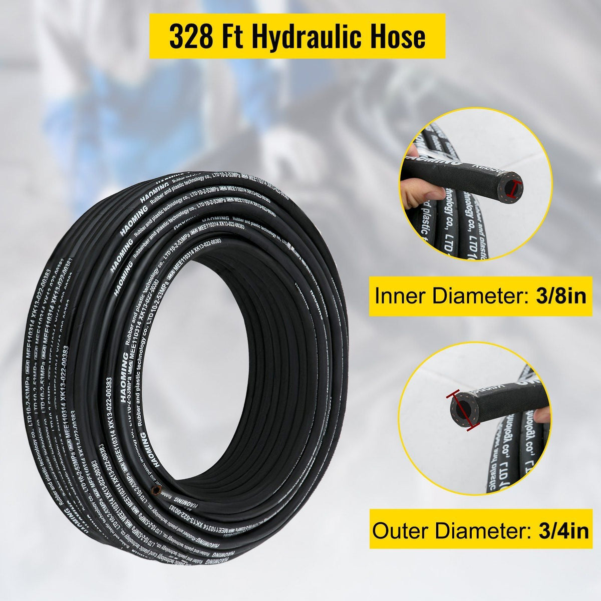 Hydraulic Hose 328 Feet Rubber Hydraulic Hoses with 2 High-Tensile Steel Wire Braid, Inner Diameter 3/8 Inch, 5000 PSI Max, Bulk Hydraulic Hose -40 °F to 250 °F, Hydraulic Oil Flexible Hose