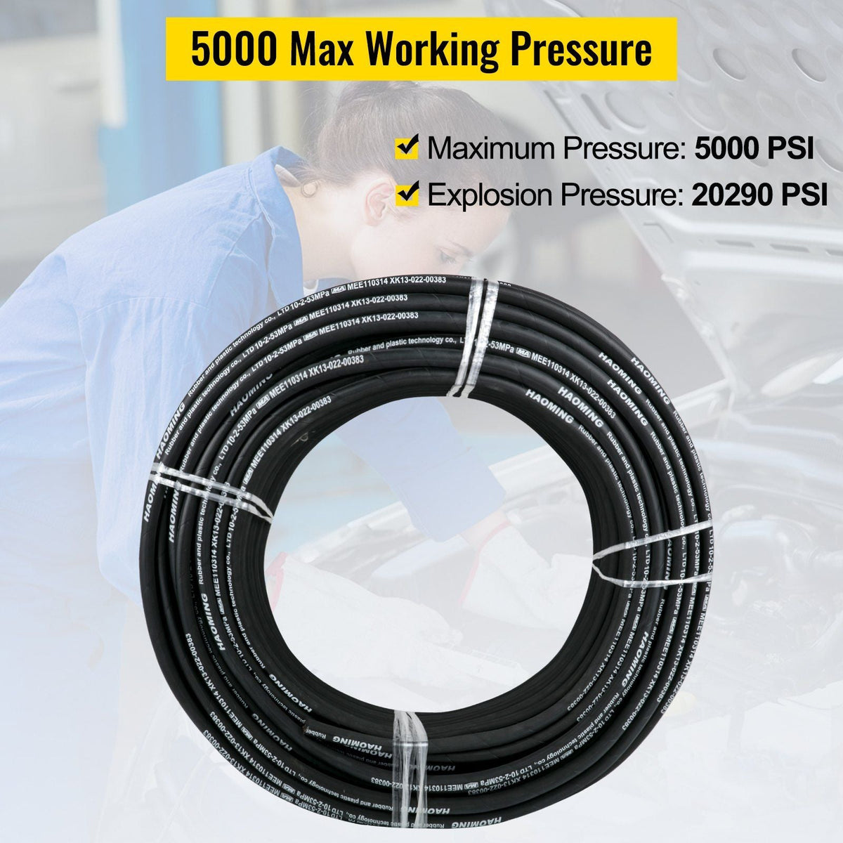 Hydraulic Hose 328 Feet Rubber Hydraulic Hoses with 2 High-Tensile Steel Wire Braid, Inner Diameter 3/8 Inch, 5000 PSI Max, Bulk Hydraulic Hose -40 °F to 250 °F, Hydraulic Oil Flexible Hose