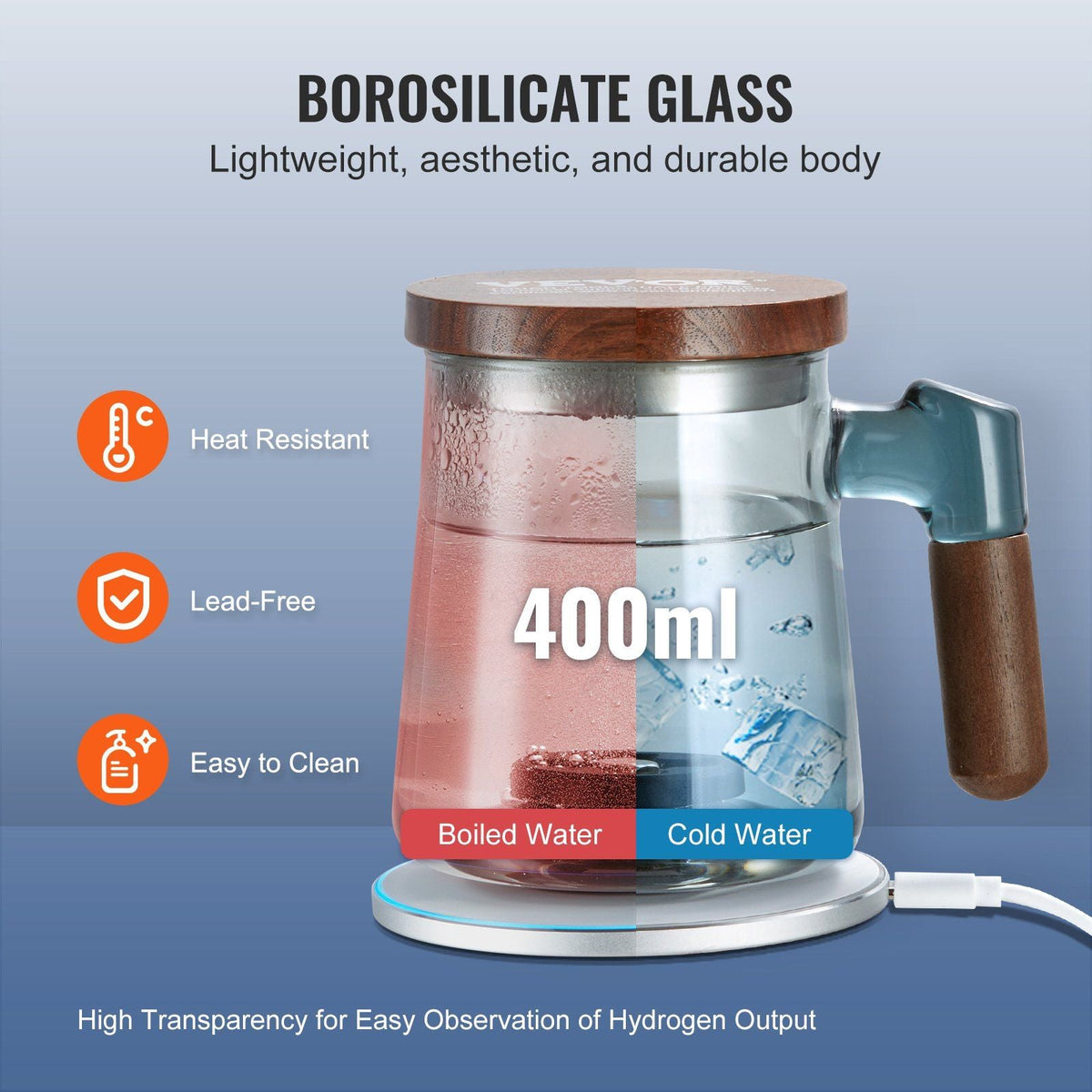 Hydrogen Water Cup, 400 ml / 14.1 oz Hydrogen Generator, SPE Technology Portable Hydrogen Water Ionizer Machine with Wireless Charging Base, Hydrogen Rich Water Bottle Glass Health Cup