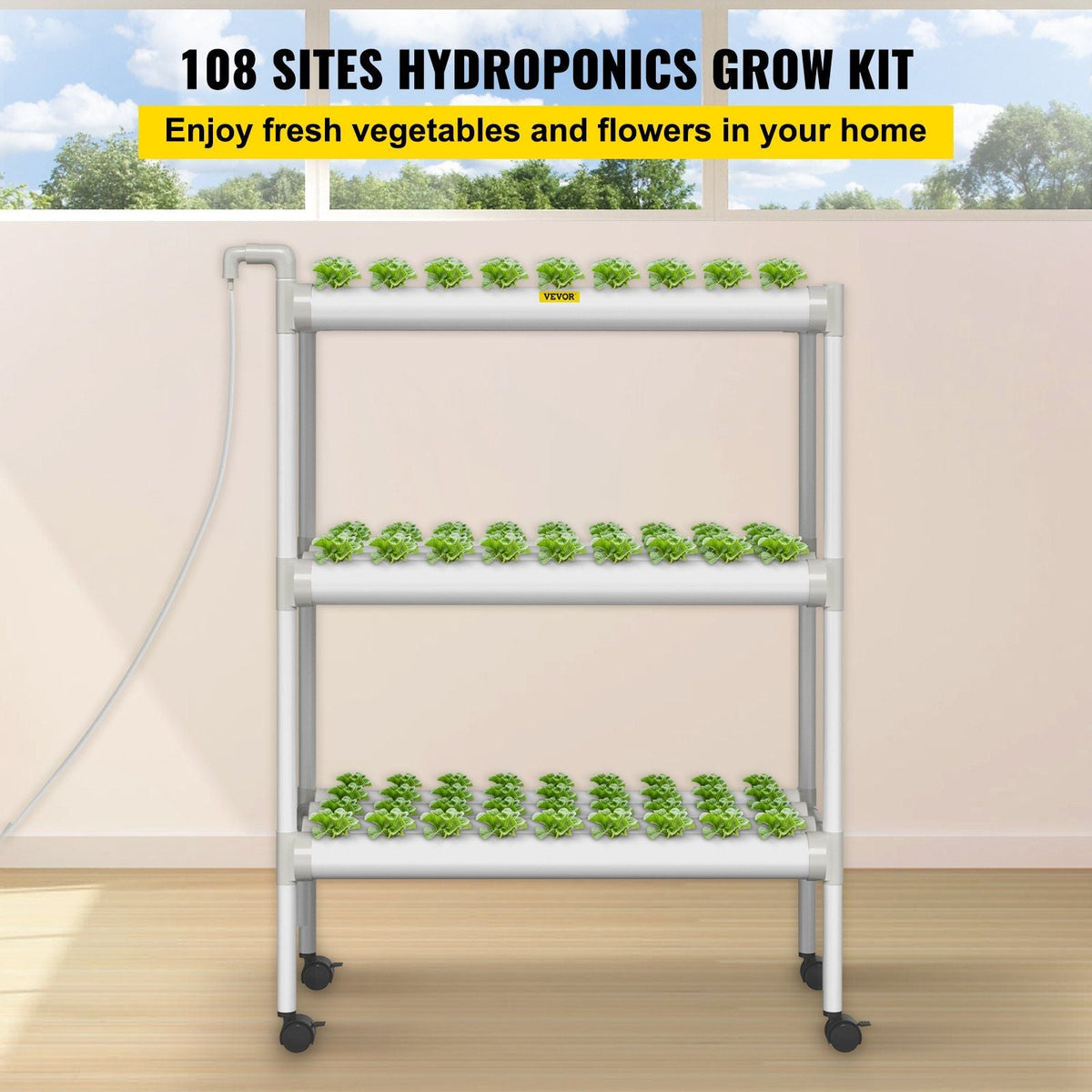 Hydroponics Growing System, 108 Sites 12 Food-Grade PVC-U Pipes, 3 Layers Indoor Planting Kit with Water Pump, Timer, Nest Basket, Sponge, for Fruits, Vegetables, Herbs, White