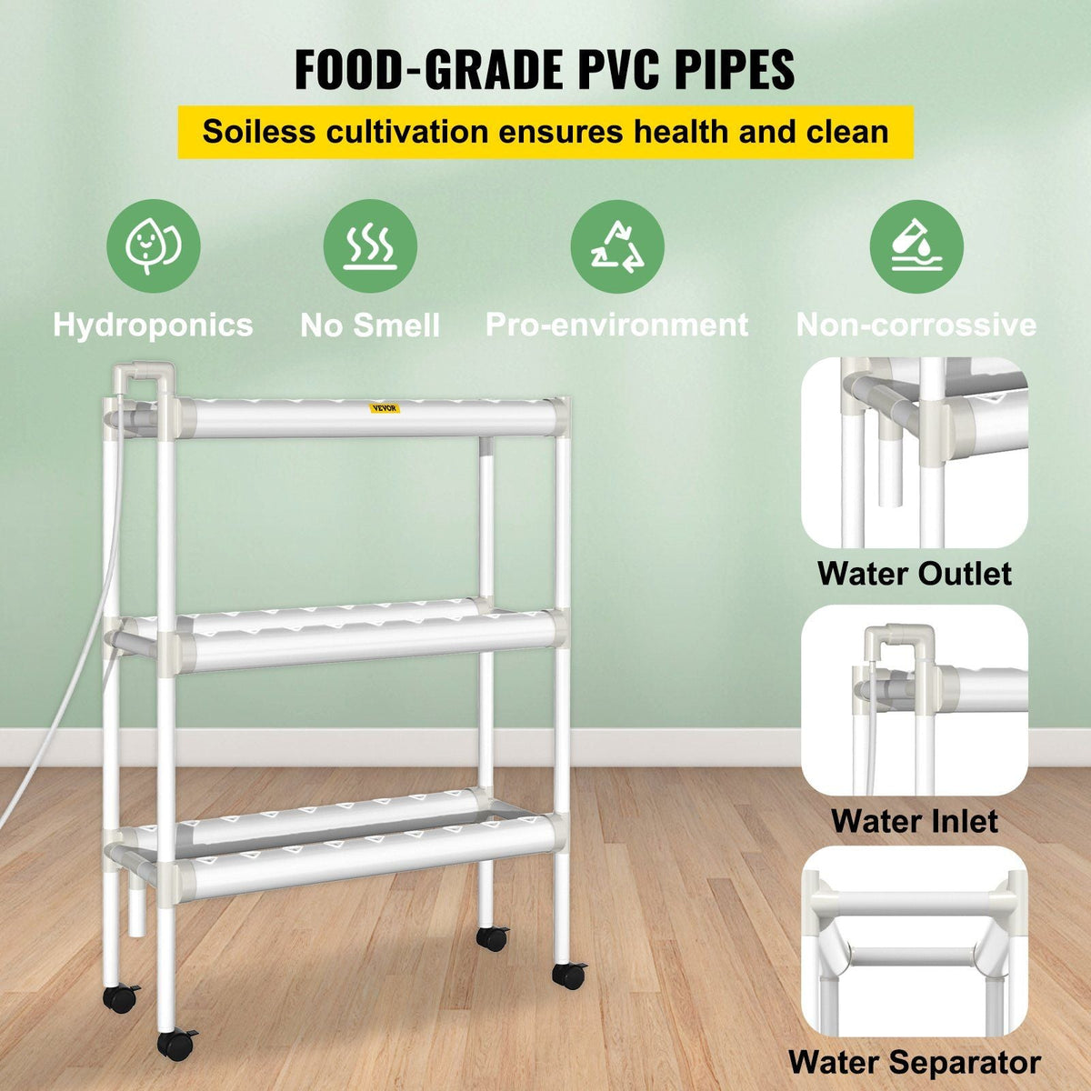 Hydroponics Growing System, 54 Sites 6 Food-Grade PVC-U Pipes, 3 Layers Indoor Planting Kit with Water Pump, Timer, Nest Basket, Sponge for Fruits, Vegetables, Herb, White