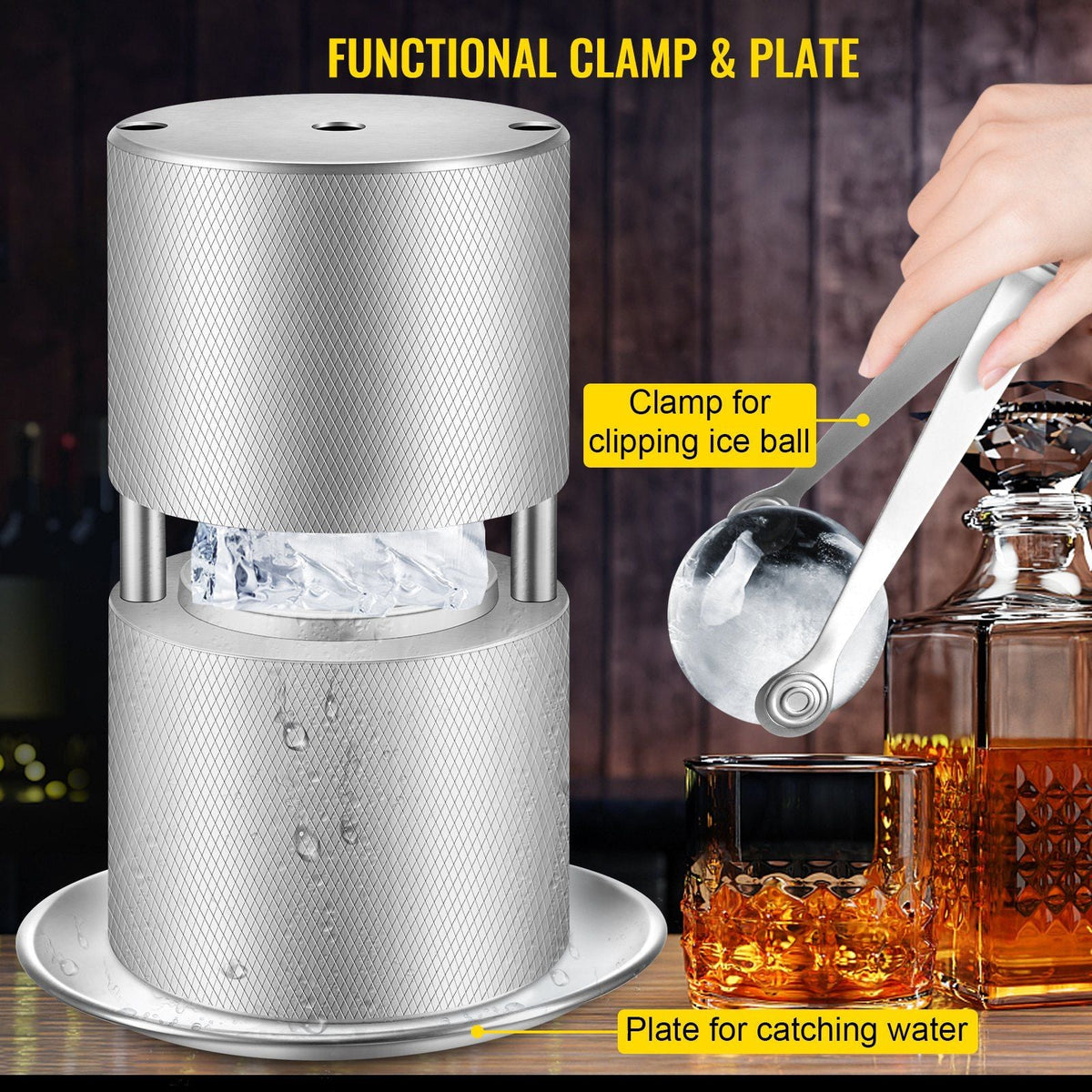 Ice Ball Press, 2.4" Ice Ball Maker, Aircraft Al Alloy Ice Ball Press Kit for 60mm Ice Sphere, Ice Press w/Stainless-Steel Clamp Plate, Silver Ice Ball Press Maker for Whiskey, Bourbon, Scotch