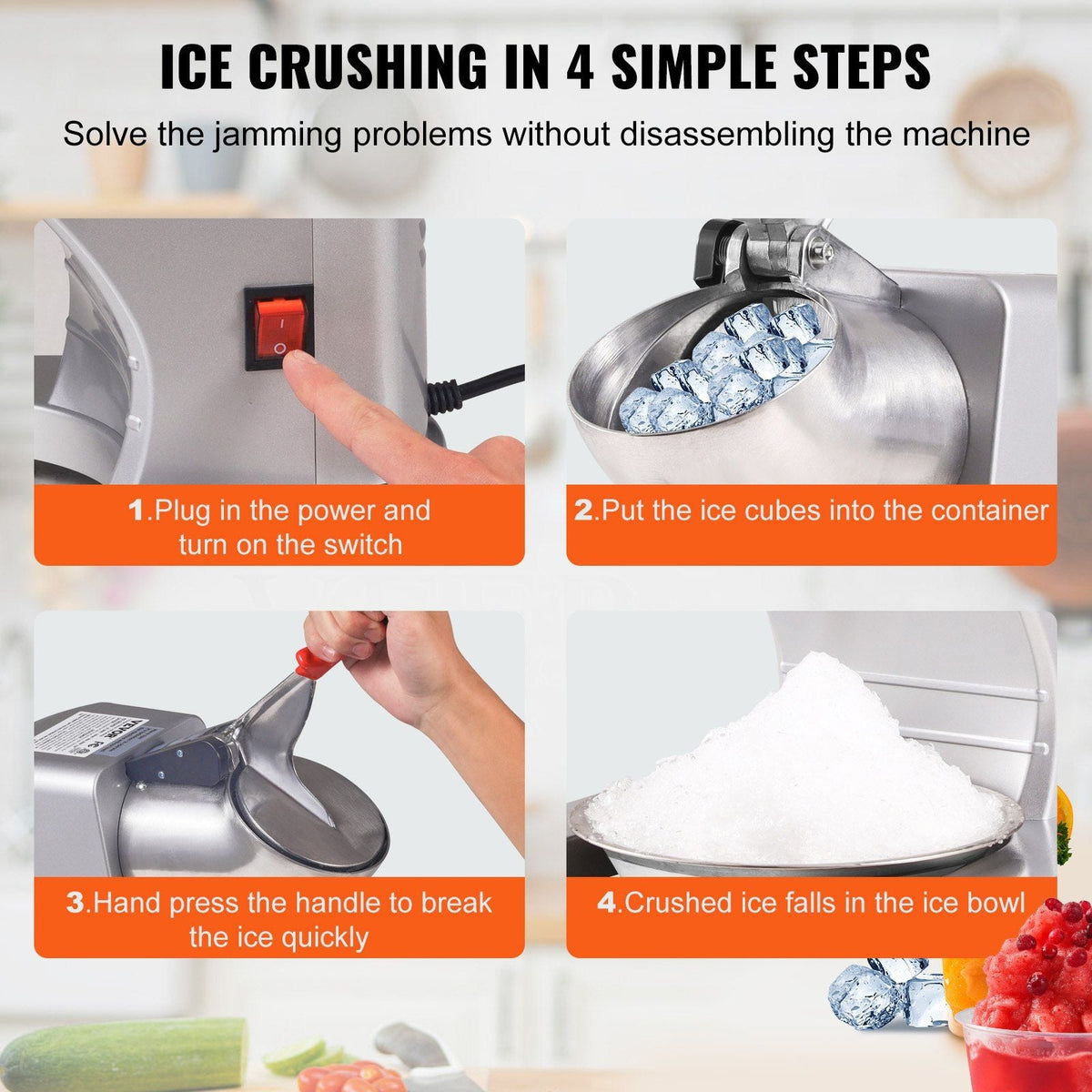 Ice Crushers Machine, 220lbs Per Hour Electric Snow Cone Maker with 4 Blades, Stainless Steel Shaved Ice Machine with Cover and Bowl, 300W Ice Shaver Machine for Home and Commercial Use, Silver
