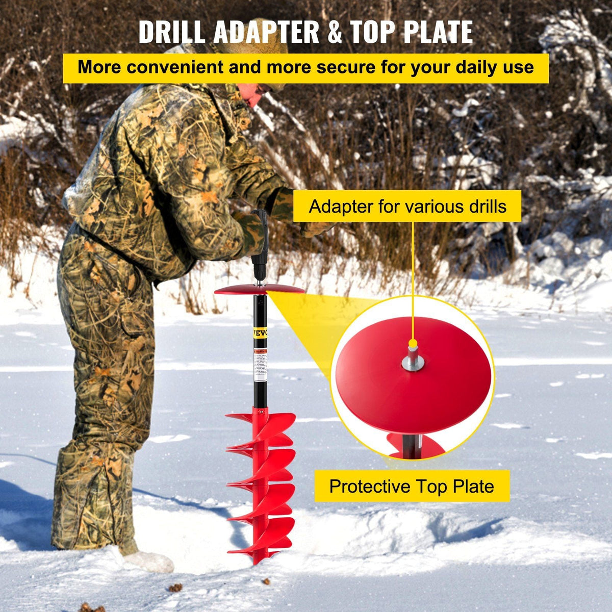 Ice Drill Auger, 8" Diameter Nylon Ice Auger, 39" Length Ice Auger Bit,Auger Drill with 11.8" Extension Rod,Auger Bit w/Drill Adapter,Top Plate & Blade Guard for Ice Fishing Ice Burrowing Red