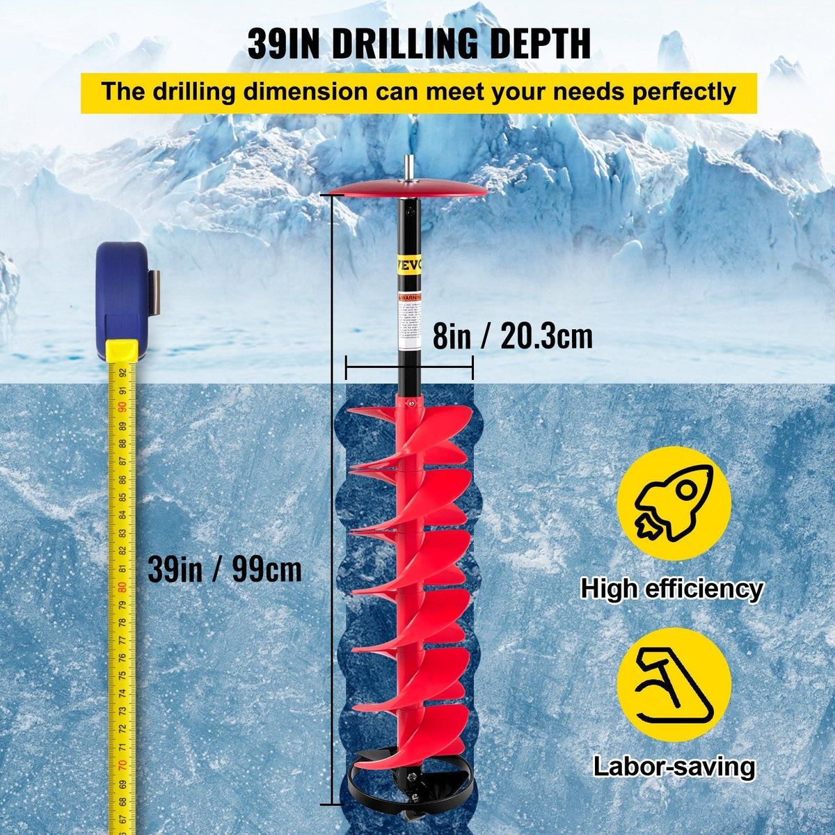 Ice Drill Auger, 8" Diameter Nylon Ice Auger, 39" Length Ice Auger Bit,Auger Drill with 11.8" Extension Rod,Auger Bit w/Drill Adapter,Top Plate & Blade Guard for Ice Fishing Ice Burrowing Red
