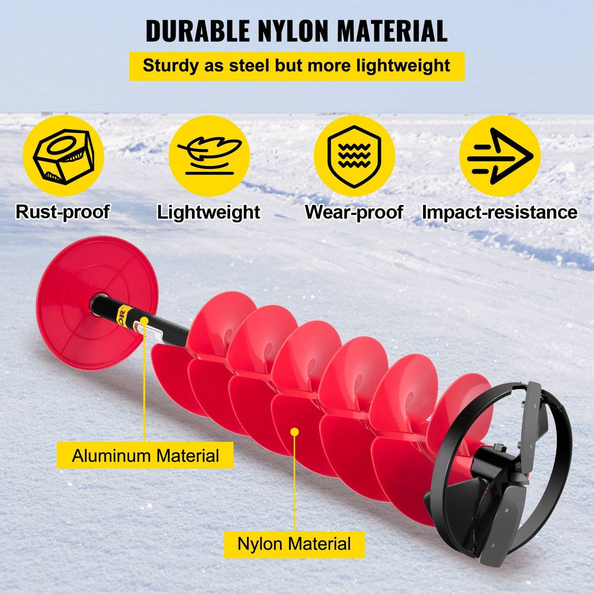 Ice Drill Auger, 8" Diameter Nylon Ice Auger, 39" Length Ice Auger Bit,Auger Drill with 11.8" Extension Rod,Auger Bit w/Drill Adapter,Top Plate & Blade Guard for Ice Fishing Ice Burrowing Red