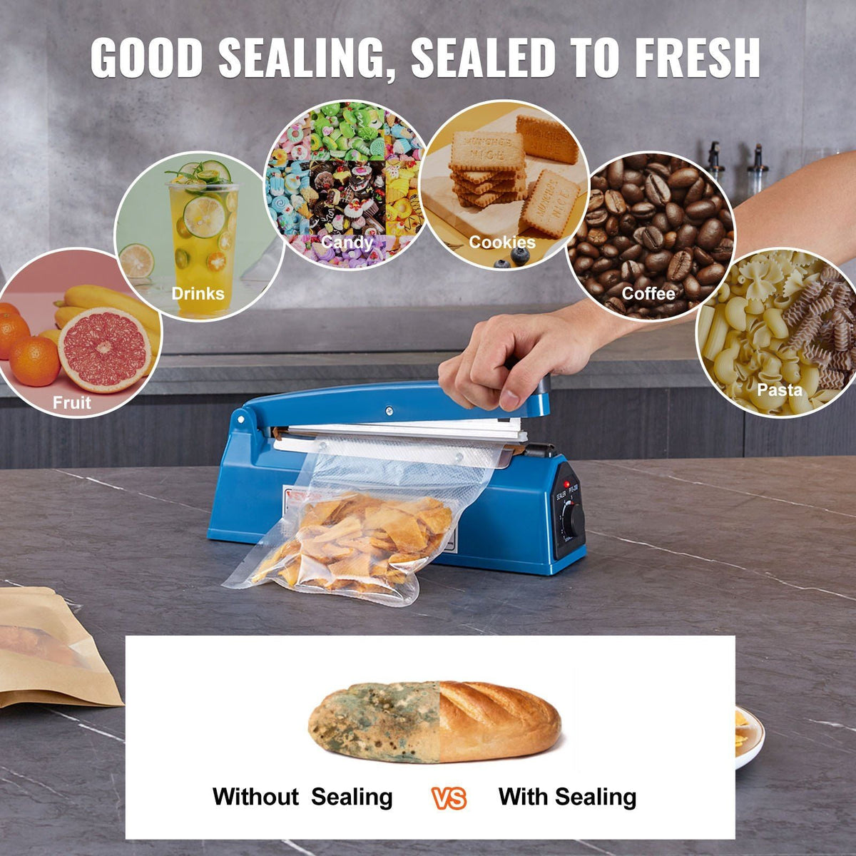 Impulse Sealer 8 inch, Manual Heat Seal Machine with Adjustable Heating Mode, ABS Shrink Wrap Bag Sealers for Plastic Mylar PE PP Bags, Portable Poly Bag Sealing Machine with Extra Replace Kit