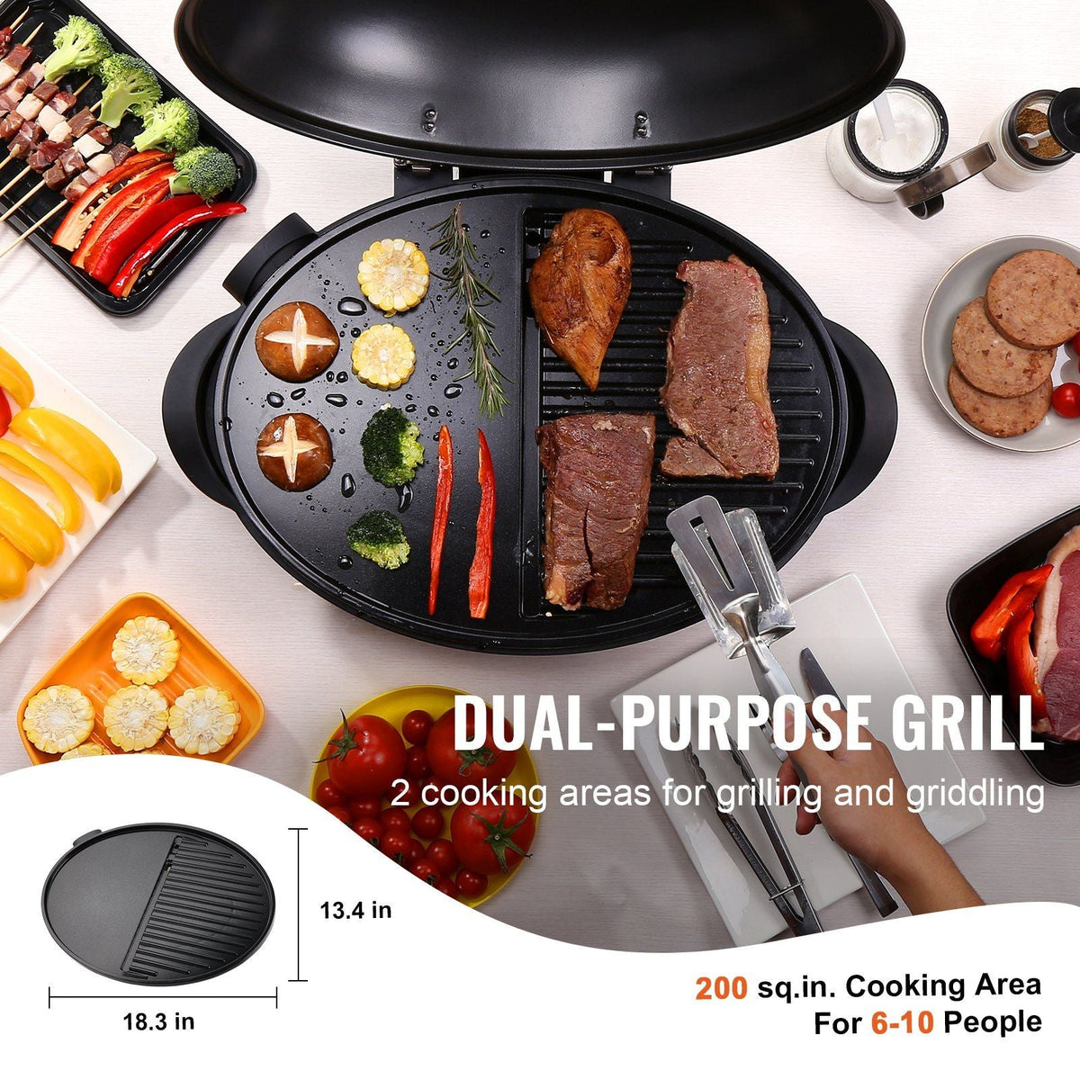 Indoor/Outdoor Electric Grill, 1800W 200sq.in Electric BBQ Grill with Zone Grilling Surface, Removable Stand, Non-stick Patio Grill with Adjustable Temperature for Party Camping Yard