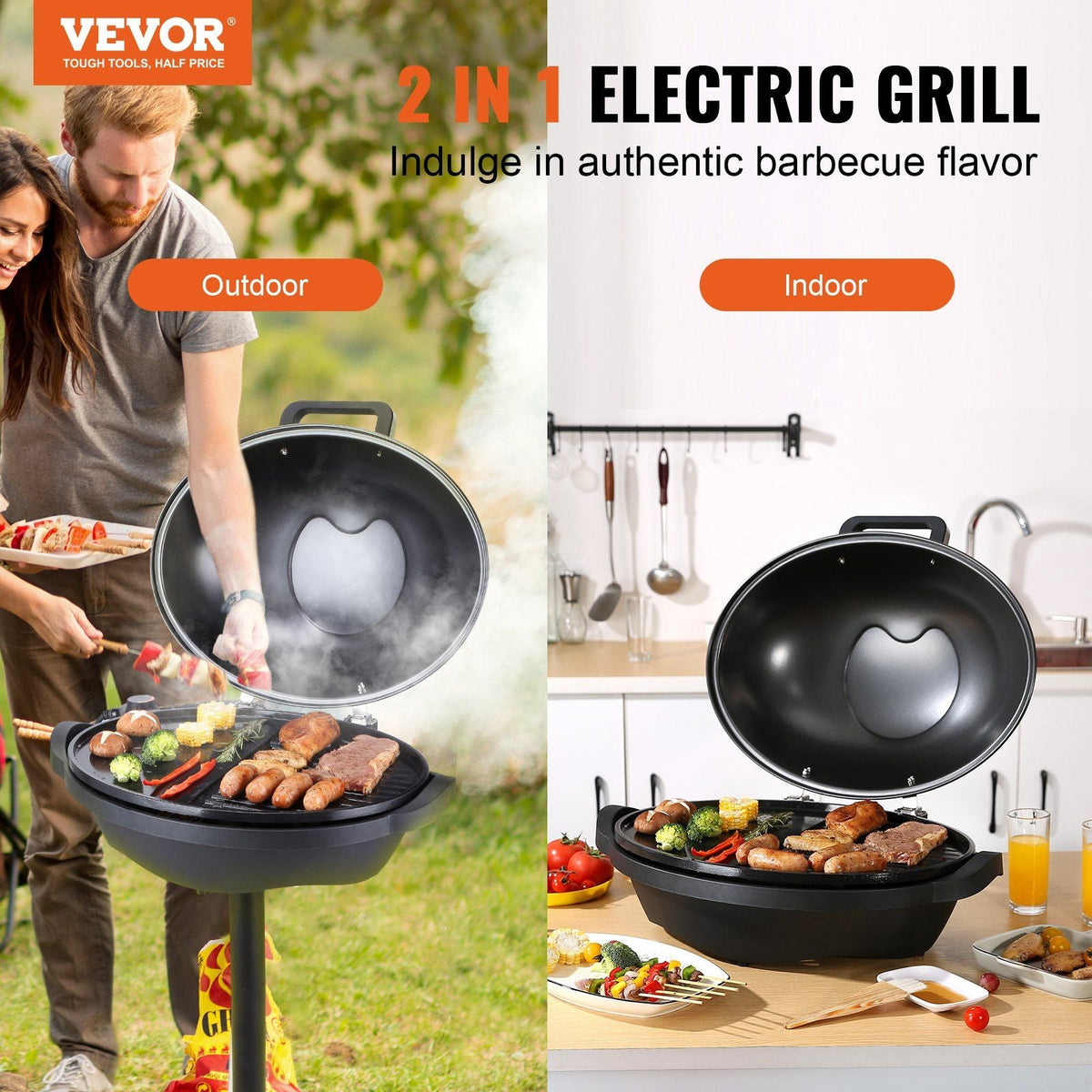 Indoor/Outdoor Electric Grill, 1800W 200sq.in Electric BBQ Grill with Zone Grilling Surface, Removable Stand, Non-stick Patio Grill with Adjustable Temperature for Party Camping Yard