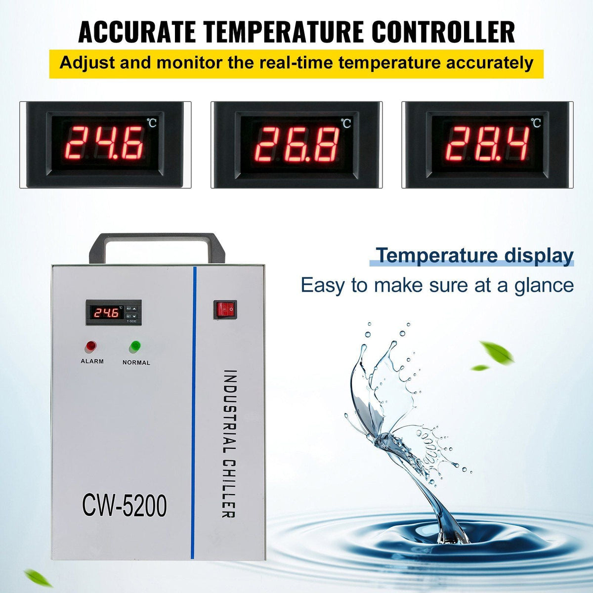Industrial Water Chiller CW5200DG, 8.5L 1400W 0.93HP Water Cooler Cools 5200 BTU/Hour Thermolysis Water Chiller for CO2 130 to 150W Laser Engraving & Cutting Machines