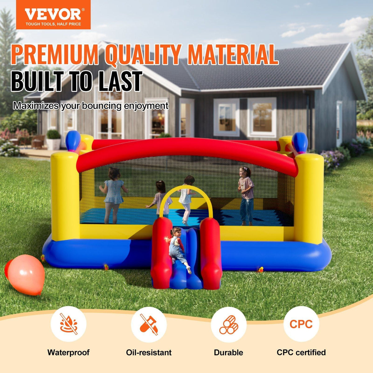 Inflatable Bounce House, Outdoor High Quality Playhouse Trampoline, Jumping Bouncer with Blower, Slide, and Storage Bag, Family Backyard Bouncy Castle, for Kid Ages 3–10 Years, 177x173x80 inch