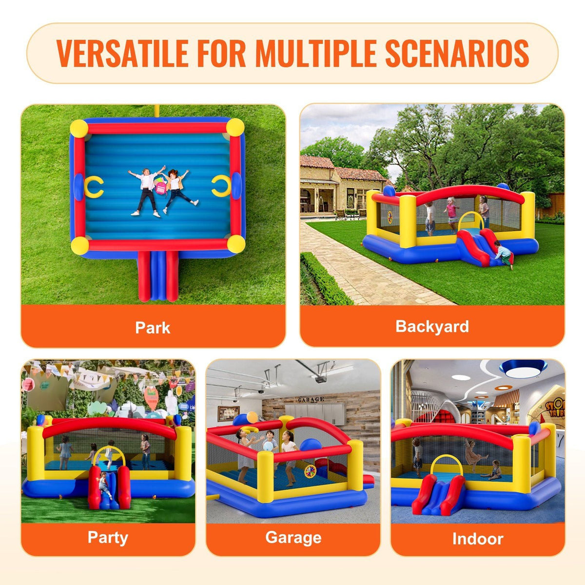 Inflatable Bounce House, Outdoor High Quality Playhouse Trampoline, Jumping Bouncer with Blower, Slide, and Storage Bag, Family Backyard Bouncy Castle, for Kid Ages 3–10 Years, 177x173x80 inch