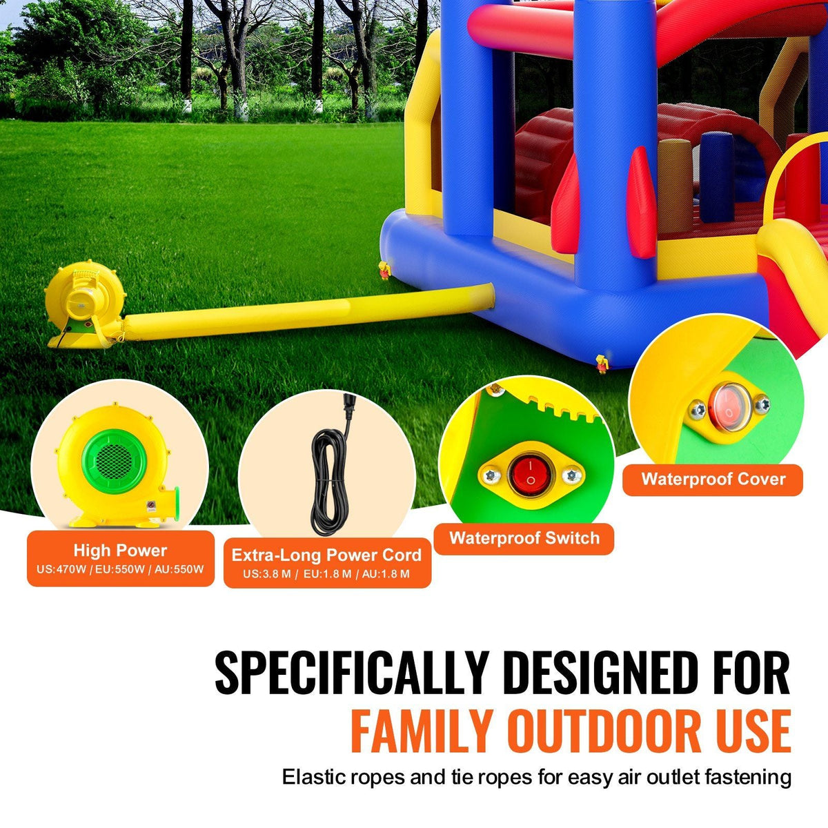 Inflatable Bounce House, Outdoor High Quality Playhouse Trampoline, Jumping Bouncer with Blower, Slide, and Storage Bag, Family Backyard Bouncy Castle, for Kid Ages 3–8 Years, 160x94x96 inch