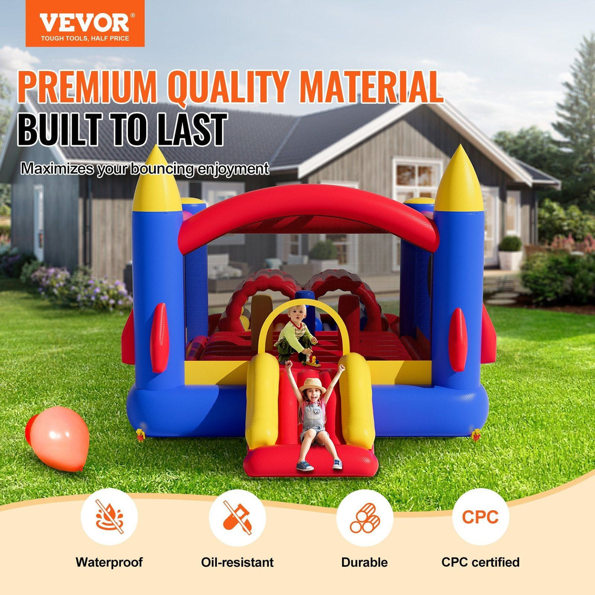 Inflatable Bounce House, Outdoor High Quality Playhouse Trampoline, Jumping Bouncer with Blower, Slide, and Storage Bag, Family Backyard Bouncy Castle, for Kid Ages 3–8 Years, 160x94x96 inch