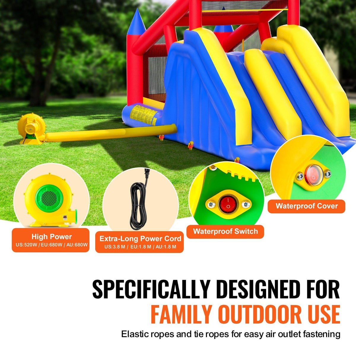 Inflatable Bounce House, Outdoor High Quality Playhouse Trampoline, Jumping Bouncer with Blower, Slide, and Storage Bag, Family Backyard Bouncy Castle, for Kid Ages 3–8 Years, 183x102x92 inch