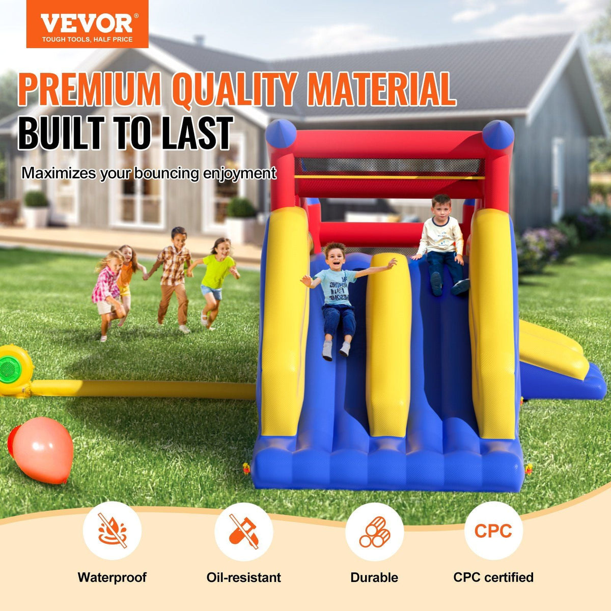 Inflatable Bounce House, Outdoor High Quality Playhouse Trampoline, Jumping Bouncer with Blower, Slide, and Storage Bag, Family Backyard Bouncy Castle, for Kid Ages 3–8 Years, 183x102x92 inch