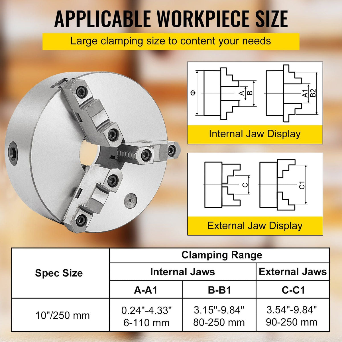 K11-250 Lathe Chuck 10 Inch 3 Jaw, Self Centering Chuck Milling Hardened Steel, Internal External Grinding for Lathe Drilling Milling Machine