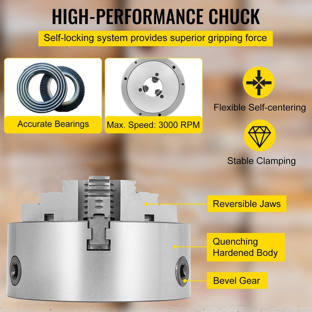 K11-250 Lathe Chuck 10 Inch 3 Jaw, Self Centering Chuck Milling Hardened Steel, Internal External Grinding for Lathe Drilling Milling Machine