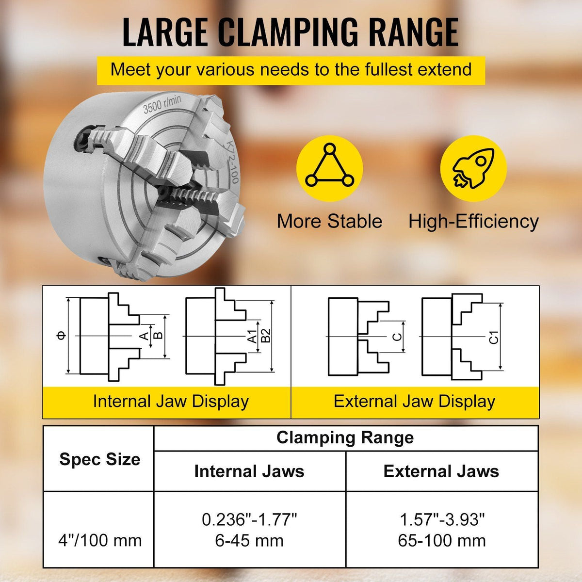 K72-100 Lathe Chuck 4 Inch 4-Jaw,Lathe Chuck Independent Reversible Jaw,Metal Lathe Chuck Turning Machine Accessories,for Lathes Machine