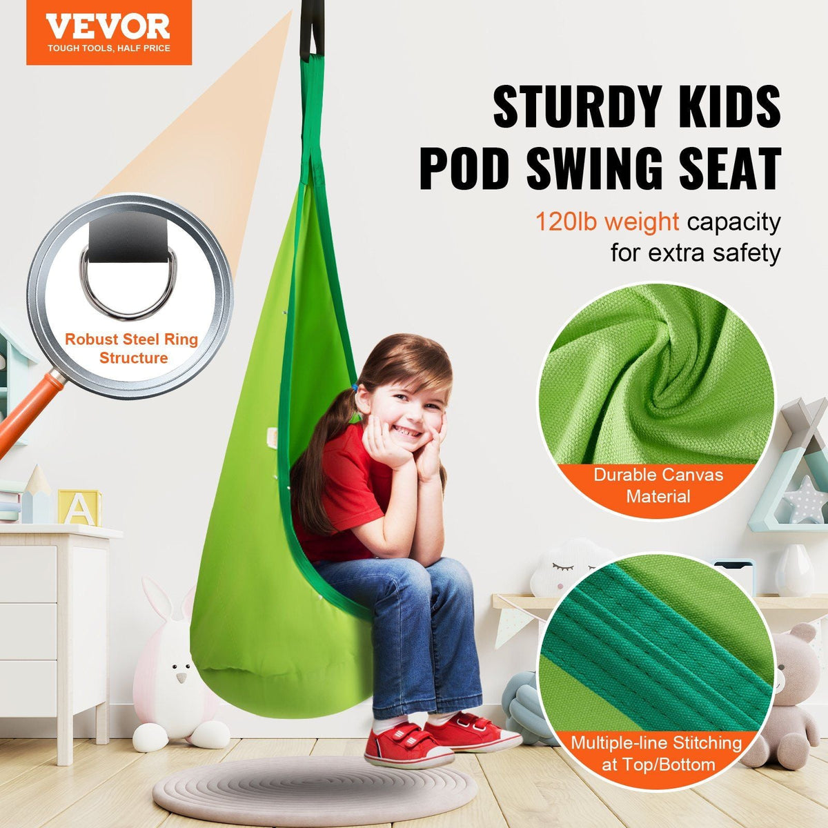Kids Pod Swing Seat, Hanging Hammock Chair with LED Lights Strings, Inflatable Cushion, Sensory Pod Swing Chair for Kids Indoor and Outdoor Hanging Chair, 100% Cotton Loading Capacity 120 lbs