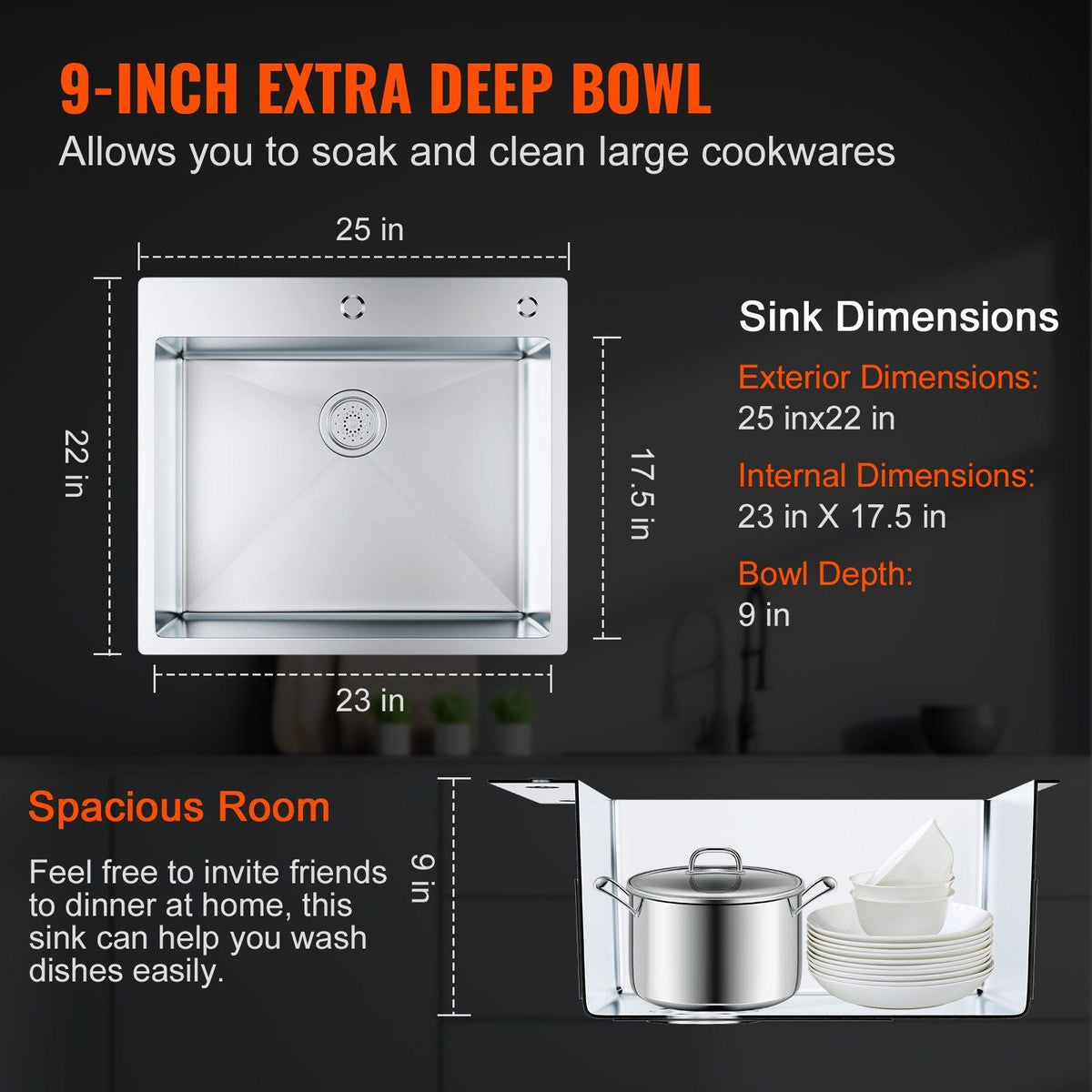 Kitchen Sink, 304 Stainless Steel Drop-In Sinks, Top Mount Single Bowl Basin with Accessories(Pack of 2), Household Dishwasher Sinks for Workstation, RV, Prep Kitchen, and Bar Sink, 25 inch