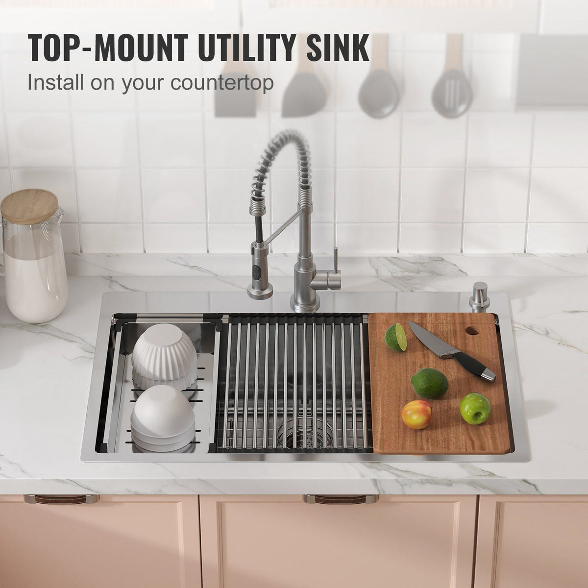 Kitchen Sink, 304 Stainless Steel Drop-In Sinks, Top Mount Single Bowl Basin with Ledge and Accessories, Household Dishwasher Sinks for Workstation, RV, Prep Kitchen, and Bar Sink, 33 inch