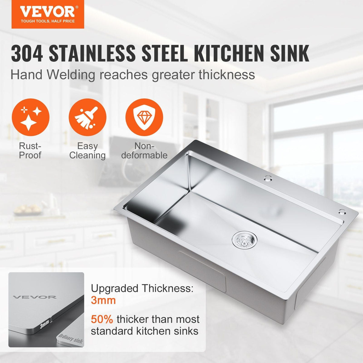 Kitchen Sink, 304 Stainless Steel Drop-In Sinks, Top Mount Single Bowl Basin with Ledge and Accessories, Household Dishwasher Sinks for Workstation, RV, Prep Kitchen, and Bar Sink, 33 inch