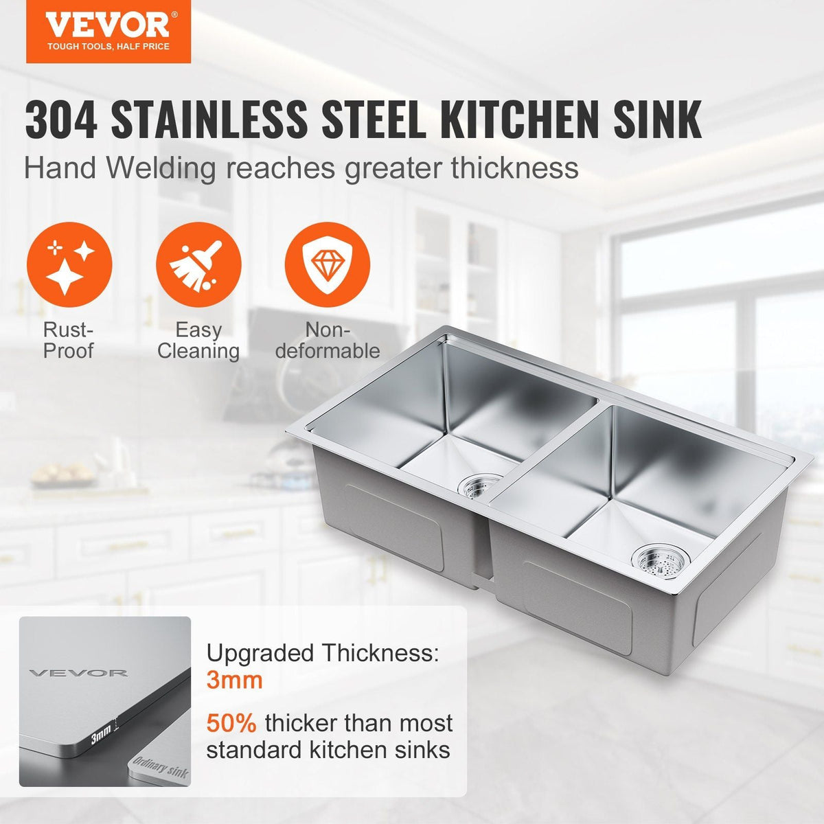 Kitchen Sink, 304 Stainless Steel Drop-In Sinks, Undermount Double Bowls Basin with Ledge and Accessories, Household Dishwasher Sinks for Workstation, RV, Prep Kitchen, and Bar Sink, 33 inch