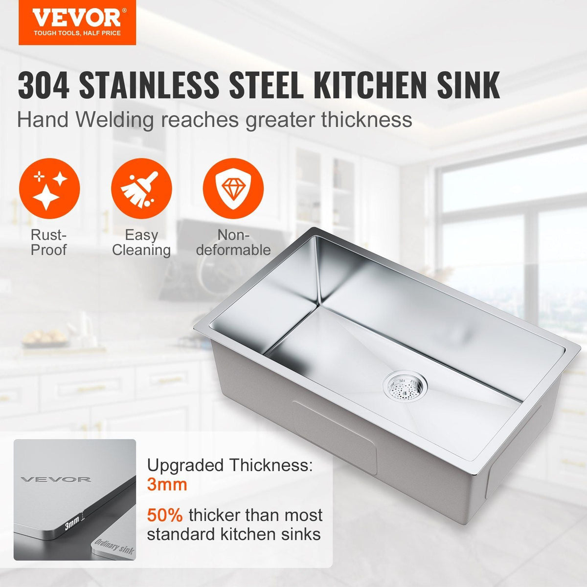 Kitchen Sink, 304 Stainless Steel Drop-In Sinks, Undermount Single Bowl Basin with Accessories(Pack of 3), Household Dishwasher Sinks for Workstation, RV, Prep Kitchen, and Bar Sink, 30 inch