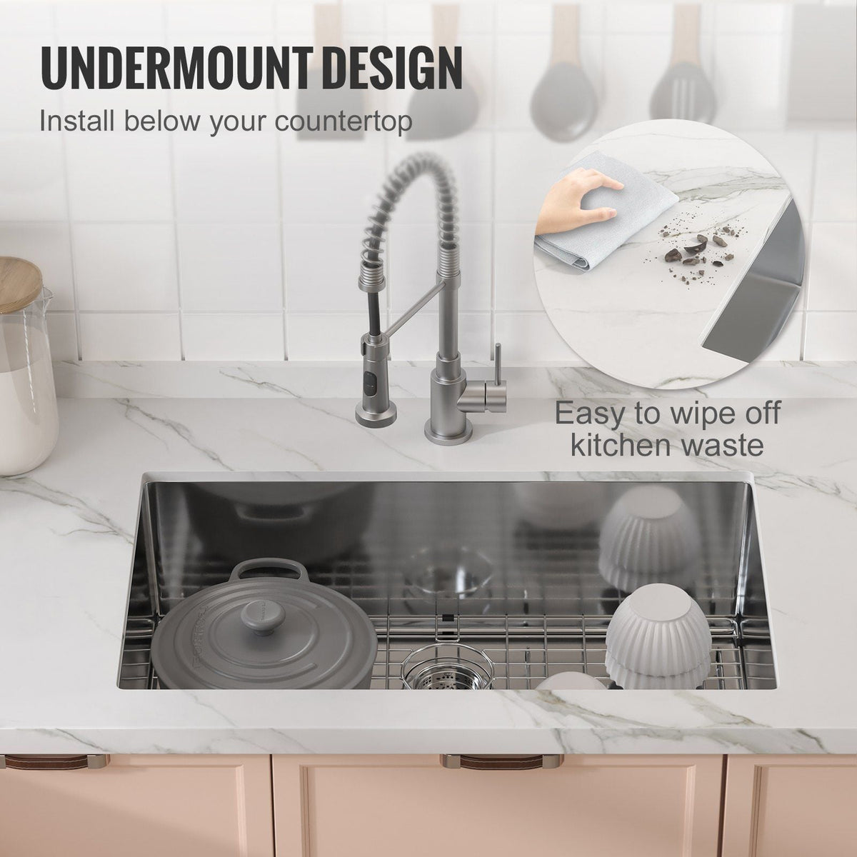 Kitchen Sink, 304 Stainless Steel Drop-In Sinks, Undermount Single Bowl Basin with Accessories(Pack of 3), Household Dishwasher Sinks for Workstation, RV, Prep Kitchen, and Bar Sink, 32 inch