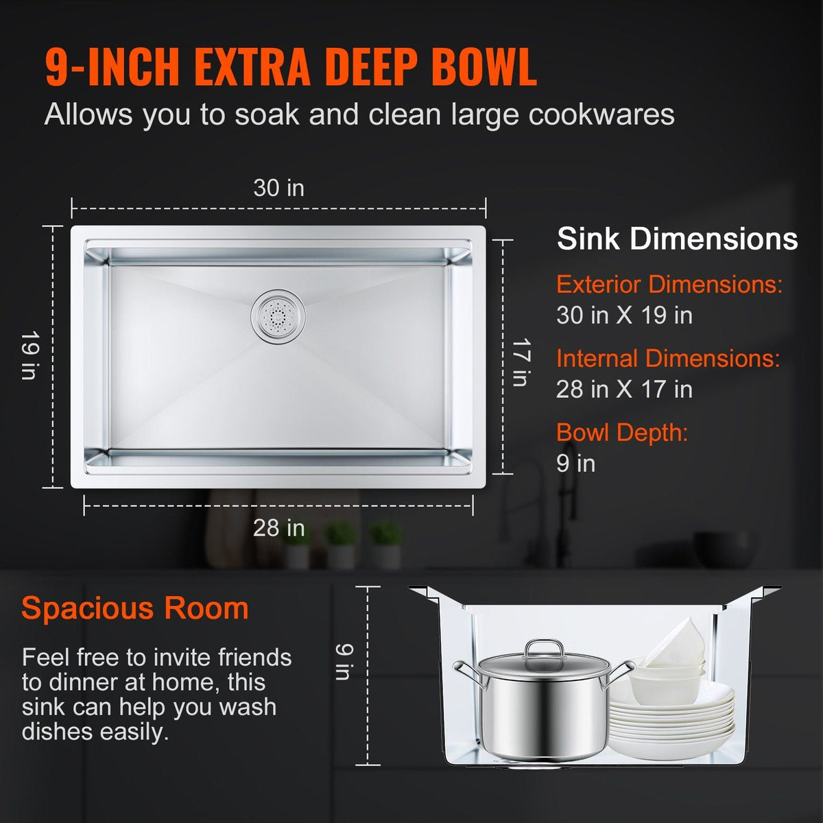 Kitchen Sink, 304 Stainless Steel Drop-In Sinks, Undermount Single Bowl Basin with Ledge and Accessories, Household Dishwasher Sinks for Workstation, RV, Prep Kitchen, and Bar Sink, 30 inch