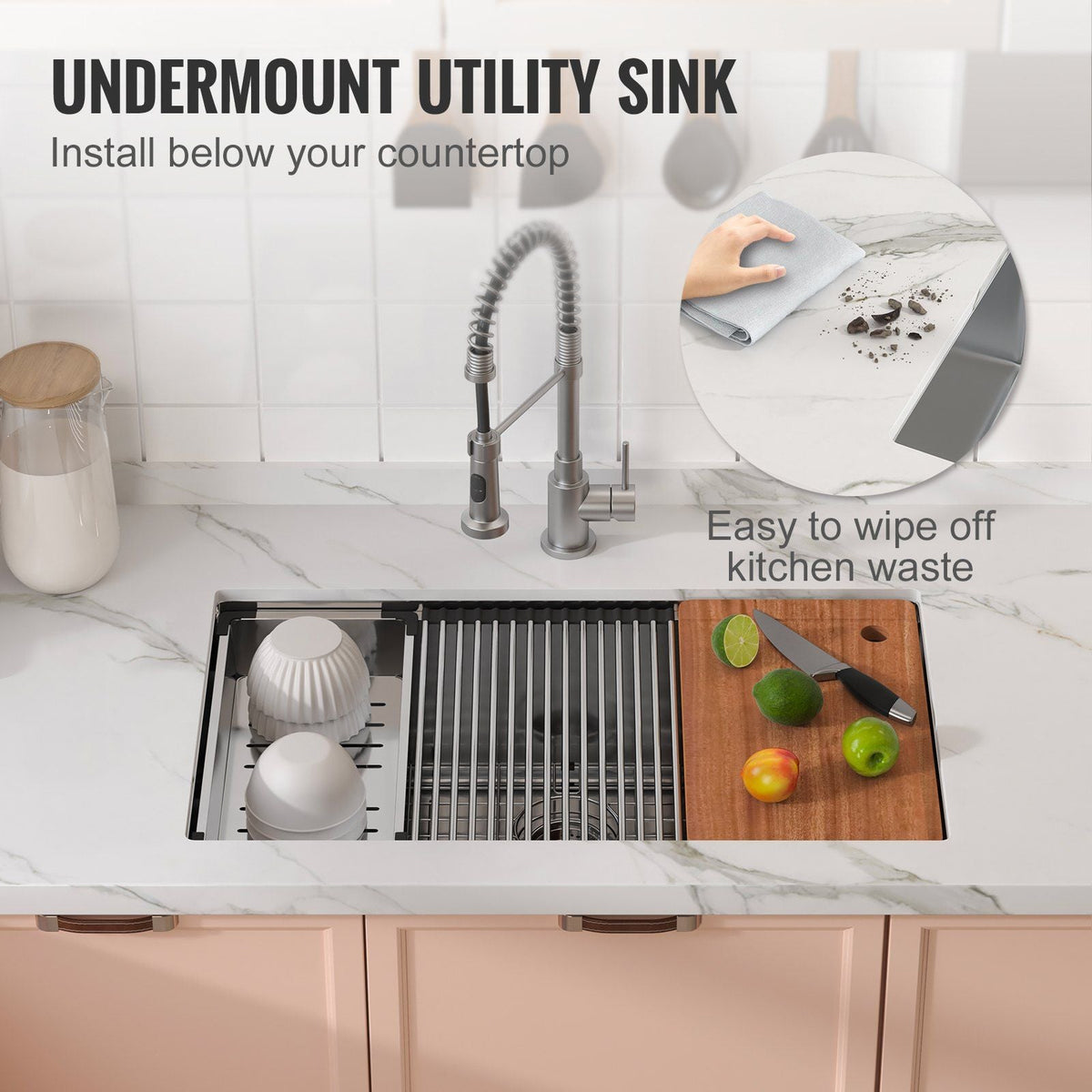 Kitchen Sink, 304 Stainless Steel Drop-In Sinks, Undermount Single Bowl Basin with Ledge and Accessories, Household Dishwasher Sinks for Workstation, RV, Prep Kitchen, and Bar Sink, 32 inch