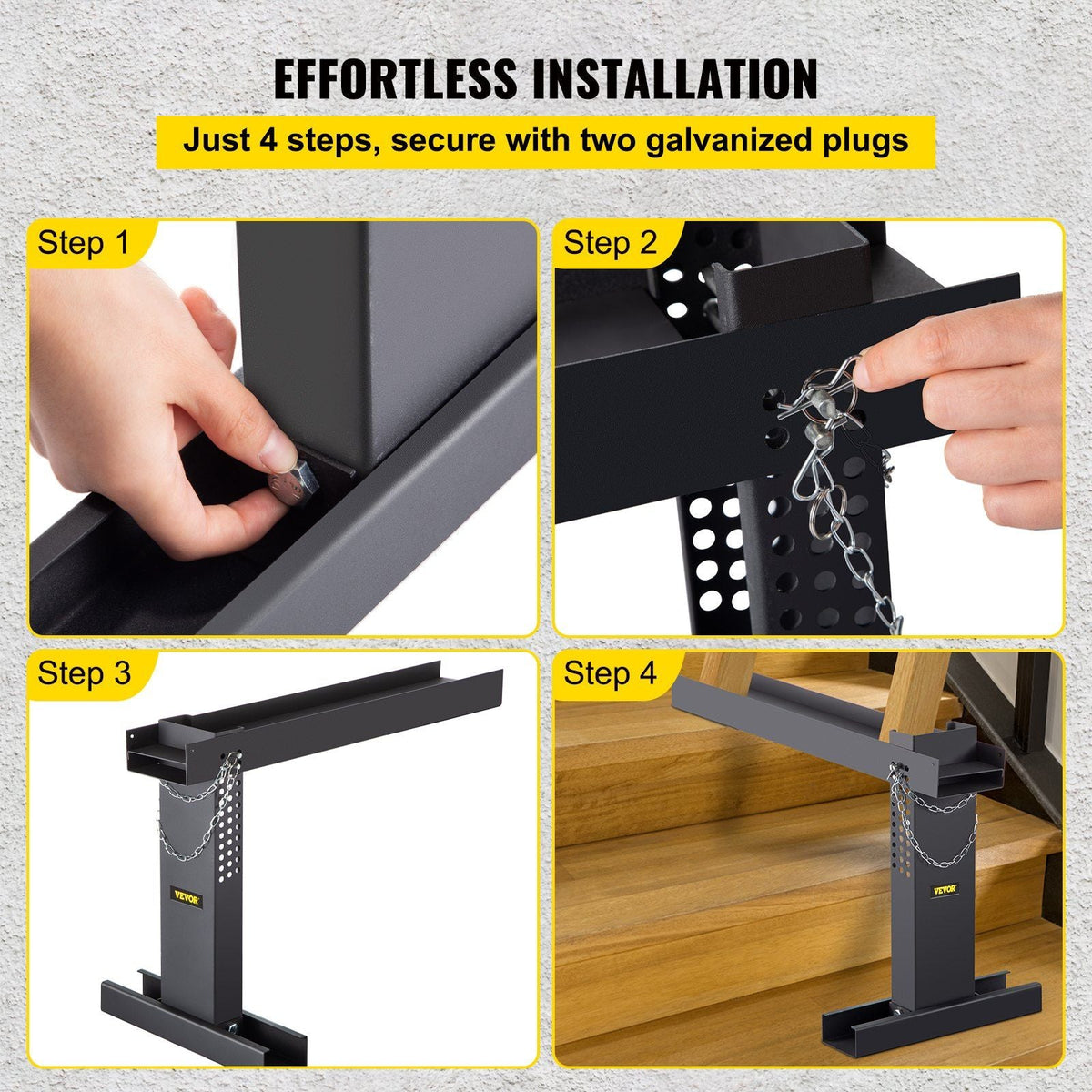Ladder Extender 20x4.7-Inch, Extension Ladder 10.5-16.7-Inch Adjustable Height Range, Ladder Leveling Tool, Stair Ladder Extension with Chain Pins in Steel for Stairs, in Black Powder Coated
