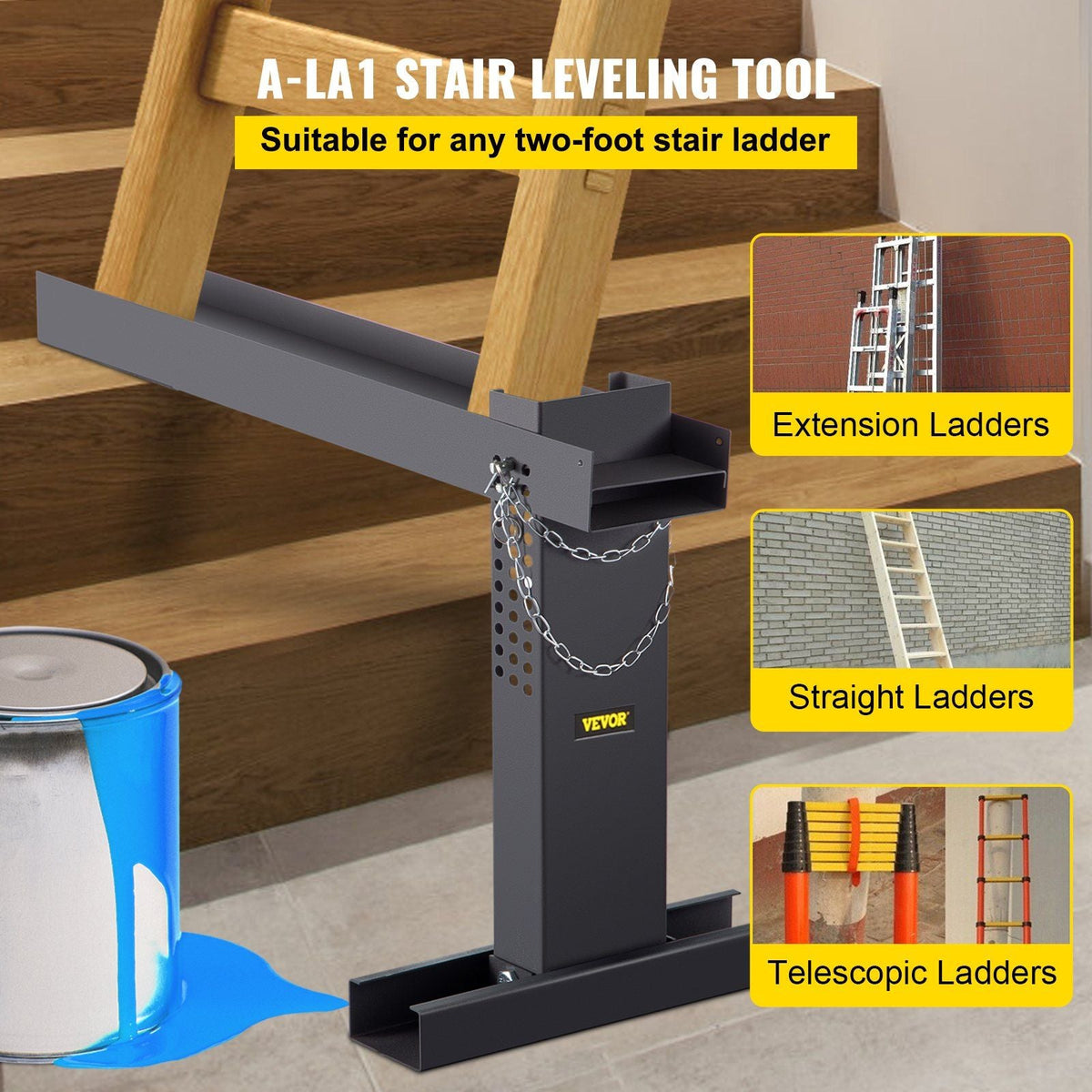 Ladder Extender 20x4.7-Inch, Extension Ladder 10.5-16.7-Inch Adjustable Height Range, Ladder Leveling Tool, Stair Ladder Extension with Chain Pins in Steel for Stairs, in Black Powder Coated
