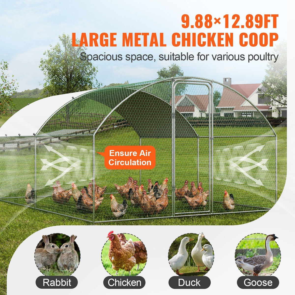 Large Metal Chicken Coop, 9.8x12.9x6.5 ft Walk in Chicken Run for Yard with Waterproof Cover, Doom Roof Hen House with Security Lock for Outdoor and Backyard, Farm, Duck Rabbit Cage Poultry Pen
