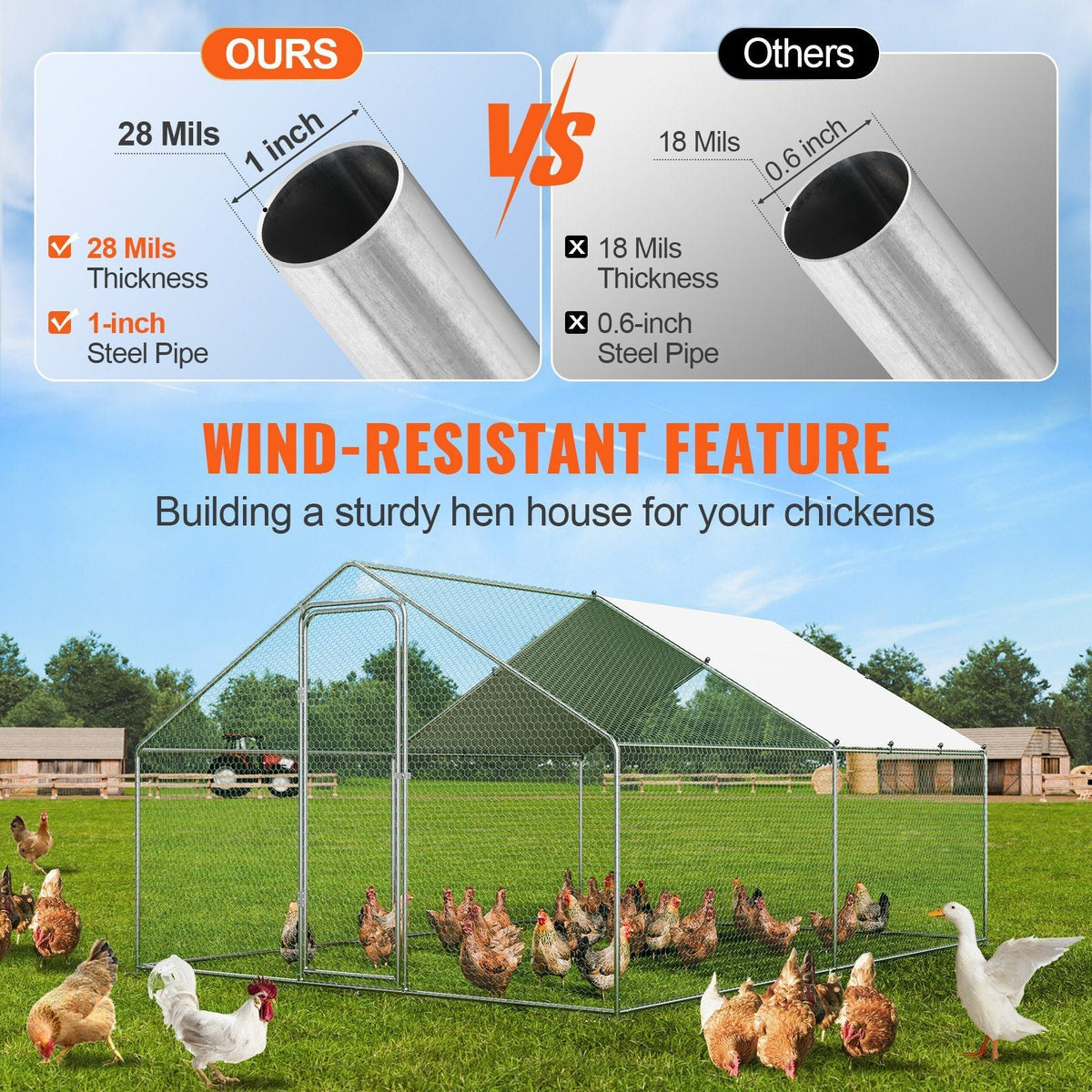 Large Metal Chicken Coop, 9.8x12.9x6.5 ft Walk-in Chicken Runs for Yard with Cover, Spire Roof Hen House with Security Lock for Outdoor and Backyard, Farm, Duck Rabbit Cage Poultry Pen