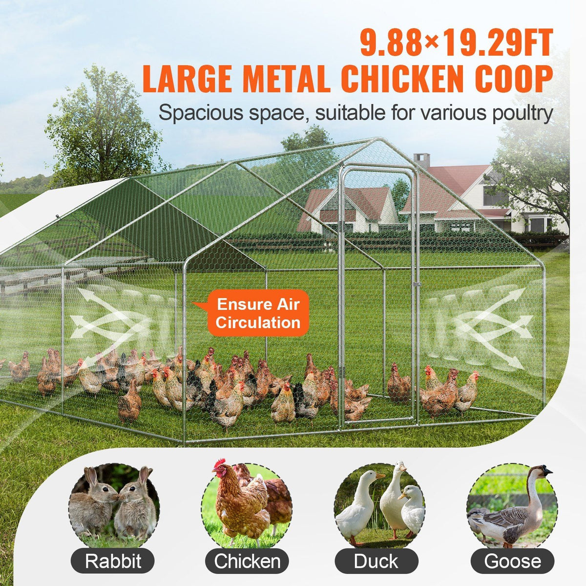 Large Metal Chicken Coop, 9.8x19.3x6.5 ft Walk-in Chicken Runs for Yard with Cover, Spire Roof Hen House with Security Lock for Outdoor and Backyard, Farm, Duck Rabbit Cage Poultry Pen