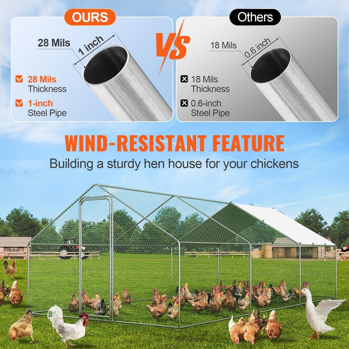 Large Metal Chicken Coop, 9.8x19.3x6.5 ft Walk-in Chicken Runs for Yard with Cover, Spire Roof Hen House with Security Lock for Outdoor and Backyard, Farm, Duck Rabbit Cage Poultry Pen