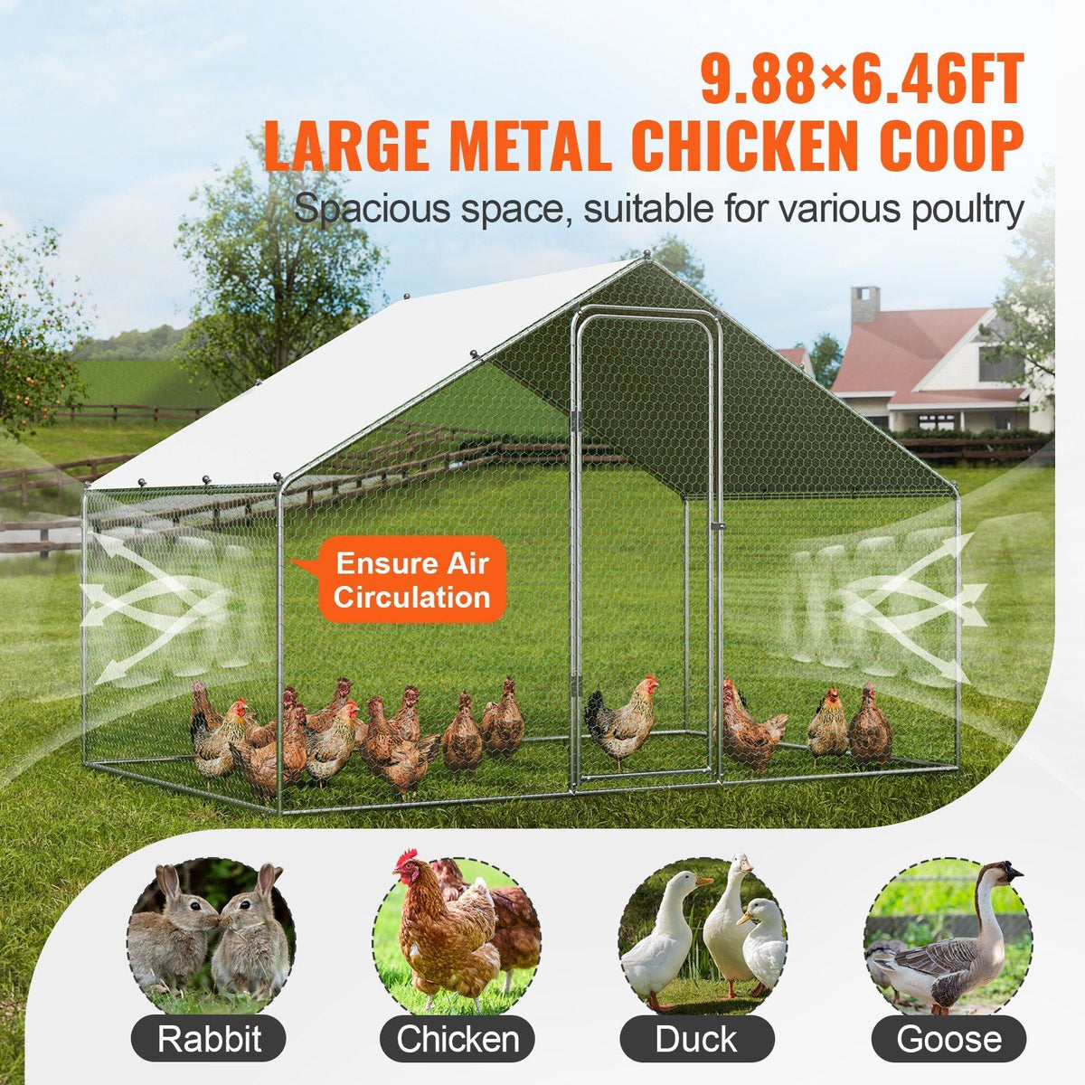 Large Metal Chicken Coop, 9.8x6.5x6.5ft Walk-in Chicken Run with Waterproof Cover, Spire Roof Hen House with Security Lock for Outdoor and Backyard, Farm, Duck Rabbit Cage Poultry Pen