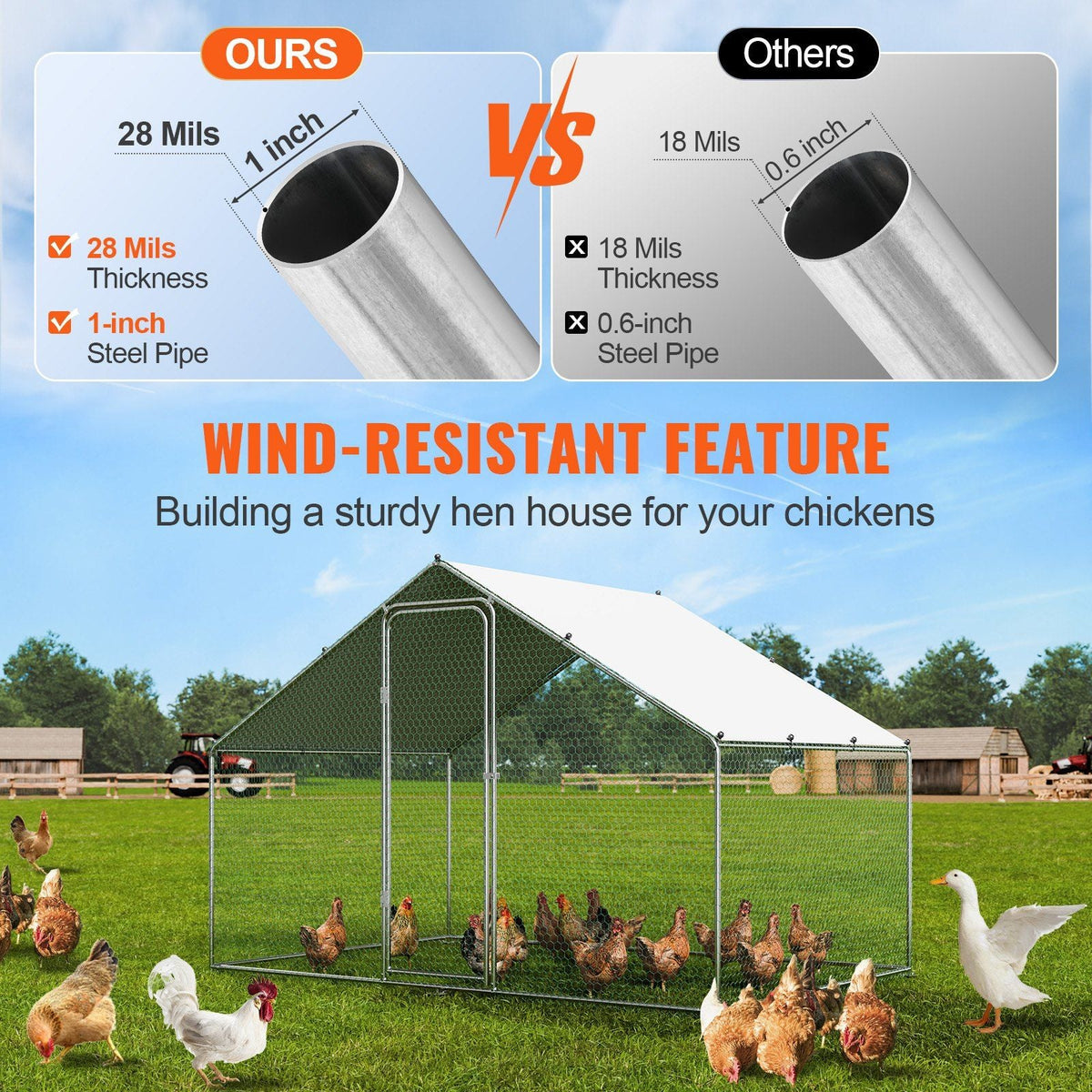 Large Metal Chicken Coop, 9.8x6.5x6.5ft Walk-in Chicken Run with Waterproof Cover, Spire Roof Hen House with Security Lock for Outdoor and Backyard, Farm, Duck Rabbit Cage Poultry Pen