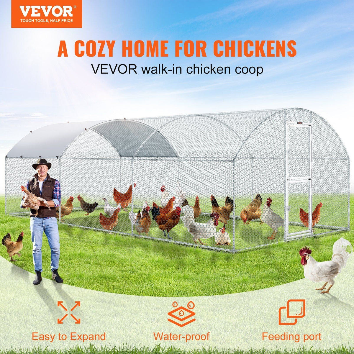 Large Metal Chicken Coop with Run, 19.7x9.8x6.6ft, Walkin Poultry Cage for Yard with Waterproof Cover, Dome Roof Large Poultry Cage for Hen House, Duck and Rabbit, Silver