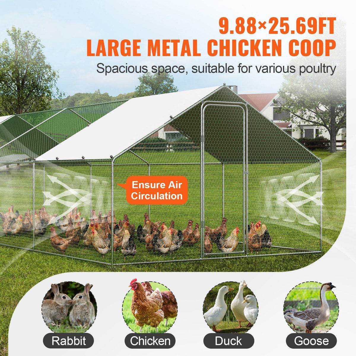 Large Metal Chicken Coop with Run, 9.8x25.6x6.5 ft Walk-in Chicken Runs for Yard with Cover, Spire Roof Hen House with Security Lock for Outdoor and Backyard, Farm, Duck Rabbit Cage Poultry Pen