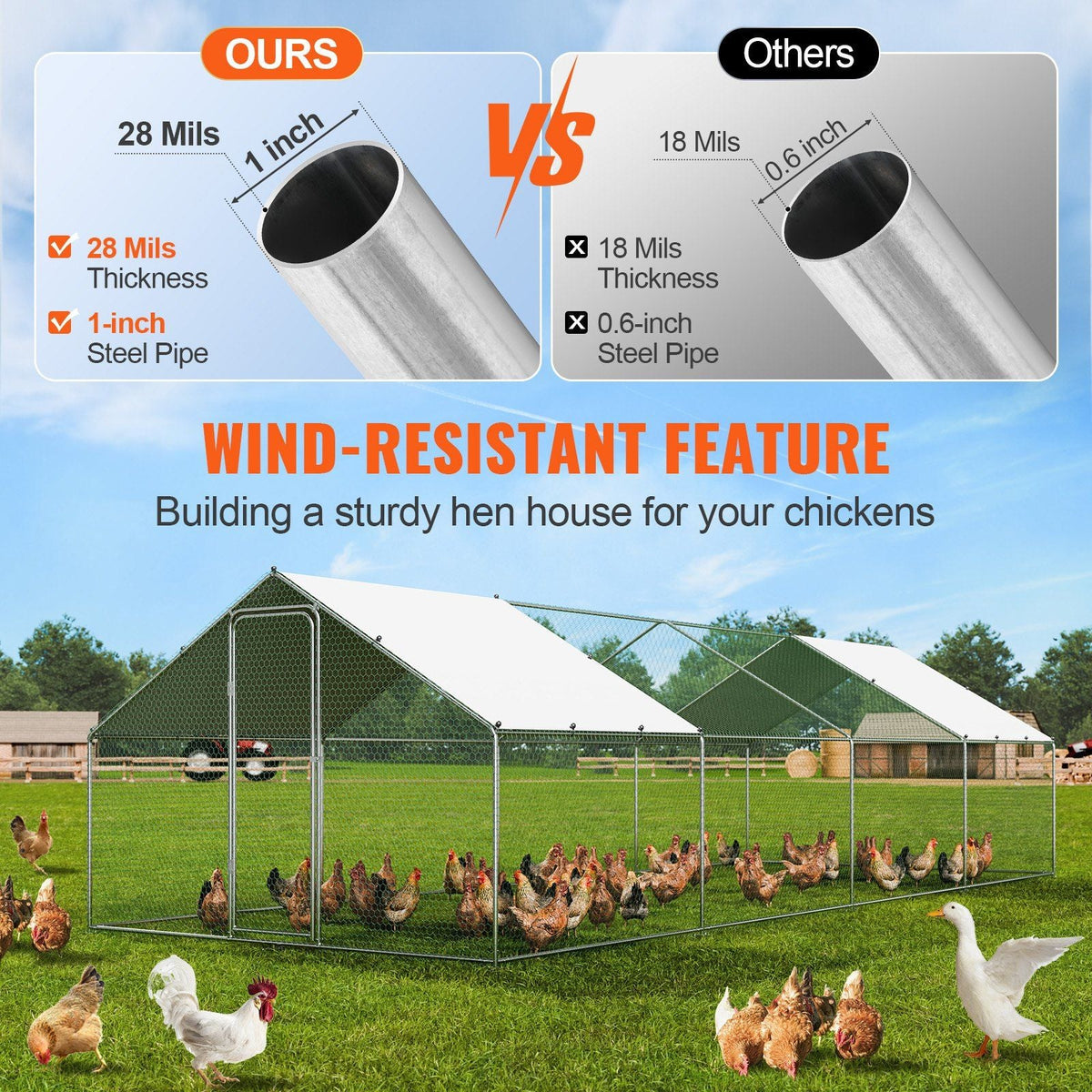 Large Metal Chicken Coop with Run, 9.8x25.6x6.5 ft Walk-in Chicken Runs for Yard with Cover, Spire Roof Hen House with Security Lock for Outdoor and Backyard, Farm, Duck Rabbit Cage Poultry Pen