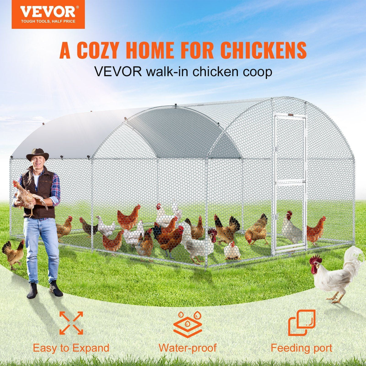 Large Metal Chicken Coop with Run, Walkin Chicken Coop for Yard with Waterproof Cover, 13.1 x 9.8 x 6.6 ft, Dome Roof Large Poultry Cage for Hen House, Duck Coop and Rabbit Run, Silver