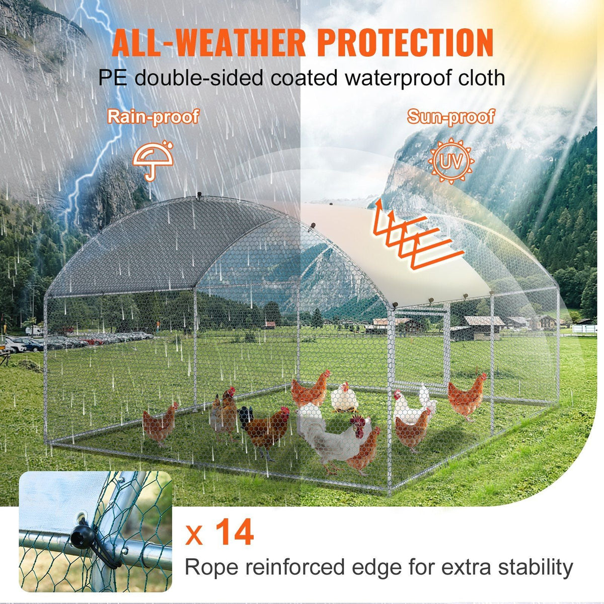 Large Metal Chicken Coop with Run, Walkin Chicken Coop for Yard with Waterproof Cover, 13.1 x 9.8 x 6.6 ft, Dome Roof Large Poultry Cage for Hen House, Duck Coop and Rabbit Run, Silver