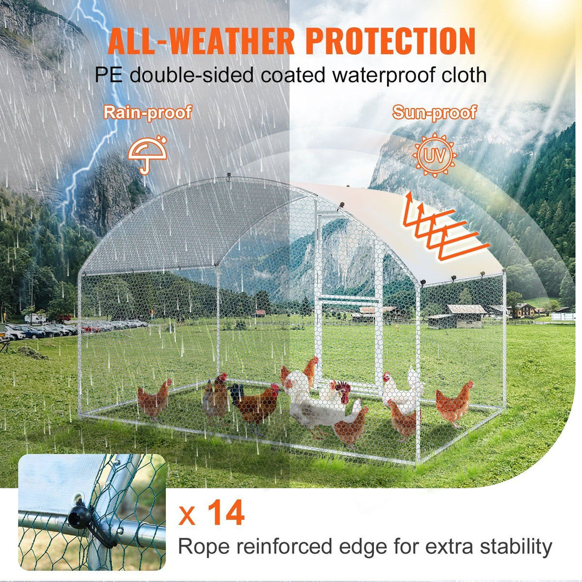 Large Metal Chicken Coop with Run, Walkin Chicken Coop for Yard with Waterproof Cover, 6.6 x 9.8 x 6.6 ft, Dome Roof Large Poultry Cage for Hen House, Duck Coop and Rabbit Run, Silver