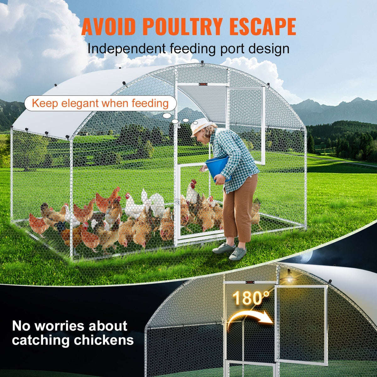 Large Metal Chicken Coop with Run, Walkin Chicken Coop for Yard with Waterproof Cover, 6.6 x 9.8 x 6.6 ft, Dome Roof Large Poultry Cage for Hen House, Duck Coop and Rabbit Run, Silver